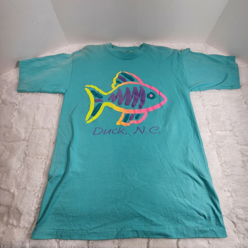 Vintage 1991 Duck, NC Puff Raised Print Neon Fish T-Shirt Mens Size M USA sngl